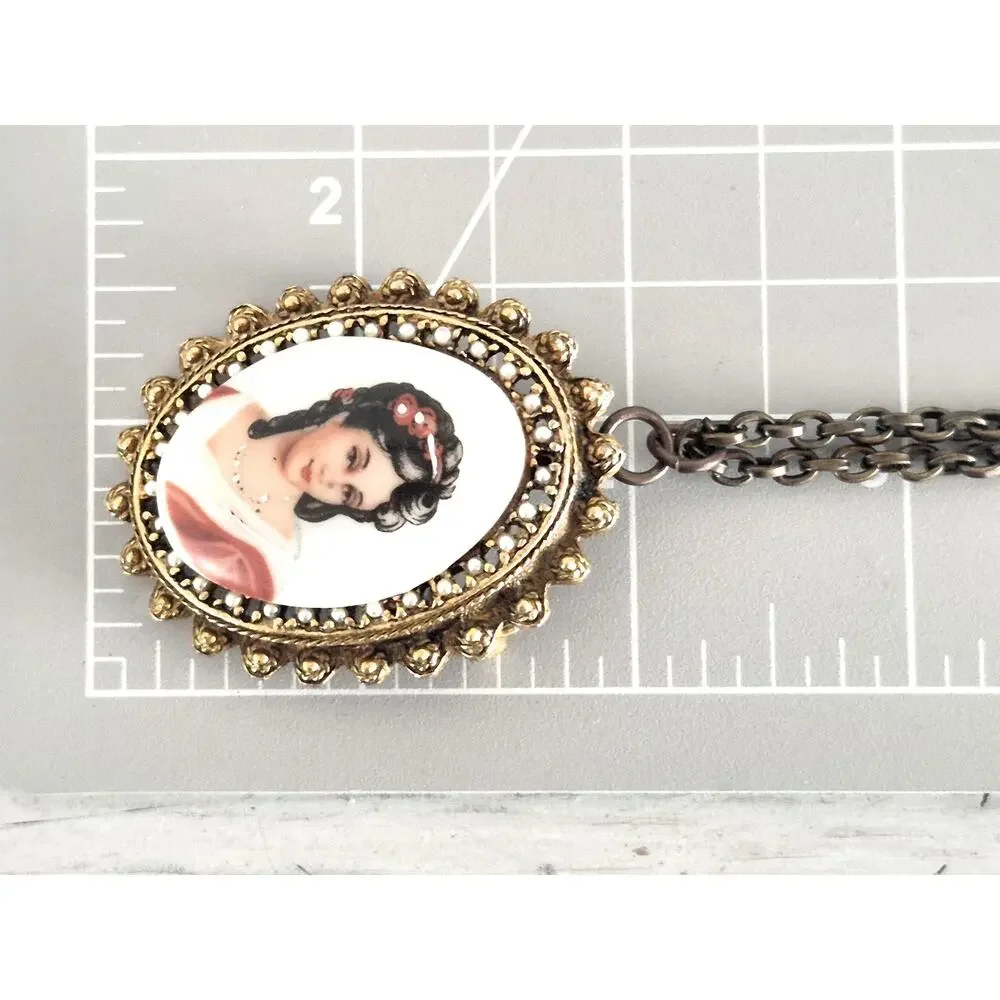 Vintage Limoges France Porcelain Victorian Lady Ornate Pendant Pin Necklace